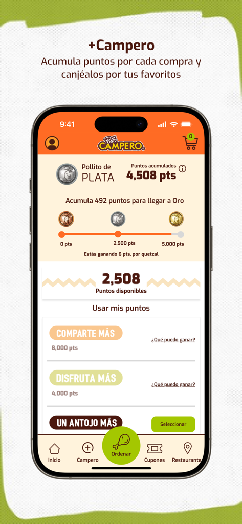 Pollo Campero Guatemala - Pollo Campero app screen showing the plus campero loyalty program with accumulated points and reward levels.