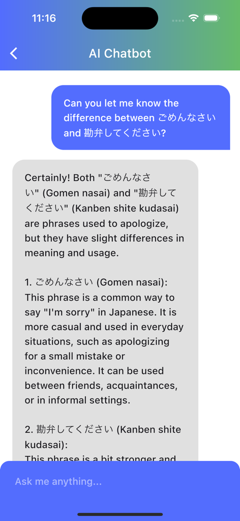 JAccent AI chatbot explaining differences between Japanese apology phrases.
