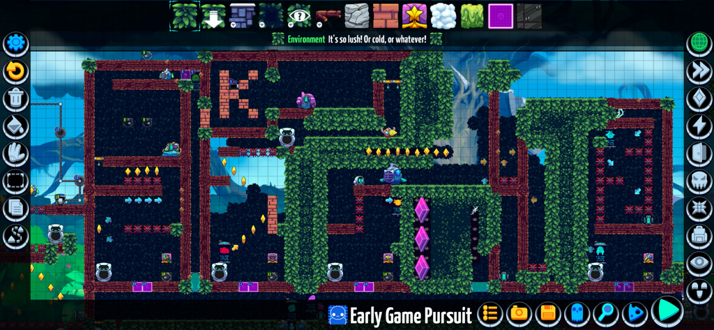An interface of the Levelhead level editor showing a complex platformer stage with green vines and brick structures.