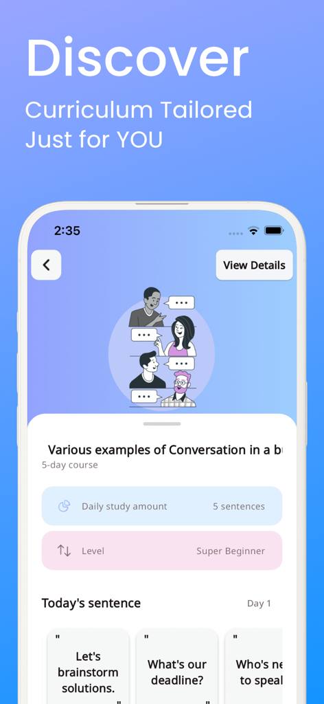 Spoken English Sentence 10000+ - Personalized spoken English curriculum screen showing business conversation sentences for beginners.