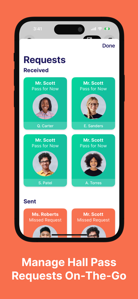 SmartPass Mobile - SmartPass mobile app interface showing received and sent hall pass requests with student profile photos