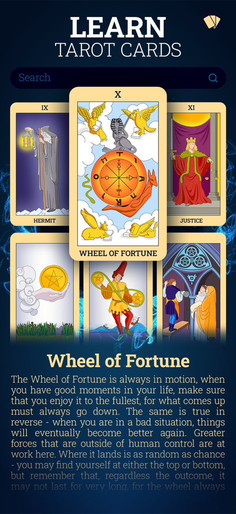 Application Lecture de Tarot Quotidien Aura montrant la section Apprendre les Cartes de Tarot avec la signification de la Roue de la Fortune.