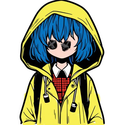 little anime girl in a raincoat her hair is covering her eyes she has a lighter