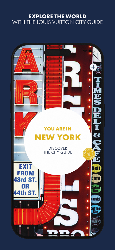 Louis Vuitton City Guide mobile app interface showing a welcome screen for New York with vibrant neon sign backgrounds