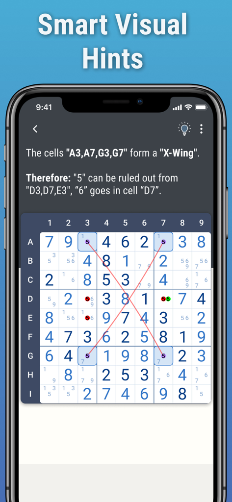 Sudoku by Logic Wiz smart visual hints explaining X-Wing strategy
