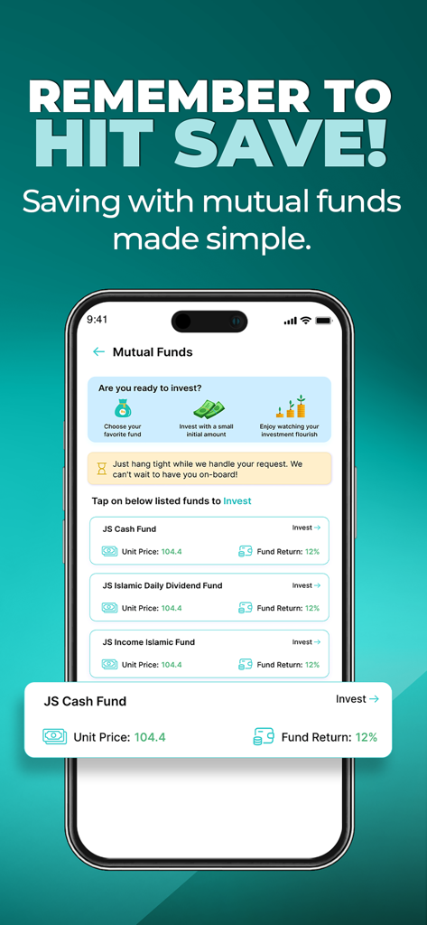 Zindigi - All in One Finance - A mobile phone screen showing mutual fund investment options in the Zindigi finance app