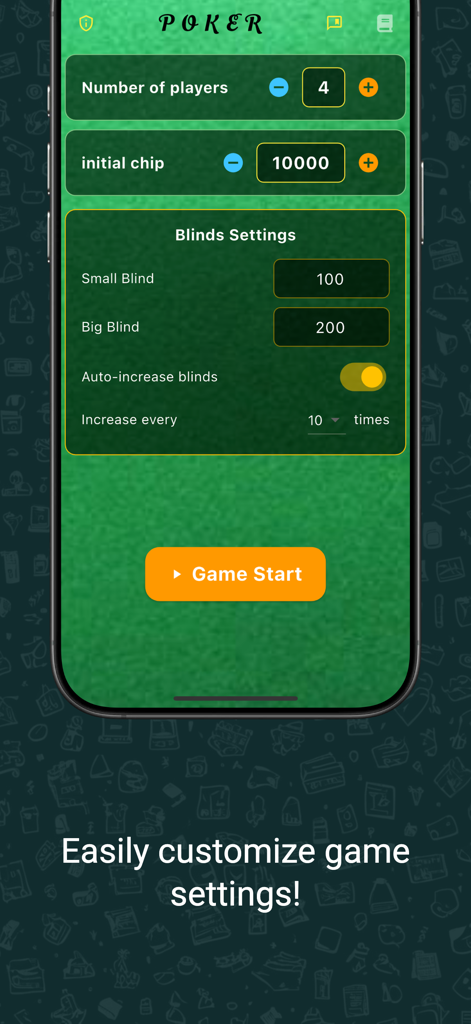 プレイヤー数とブラインド設定を含むポーカーゲームセットアップ画面。
