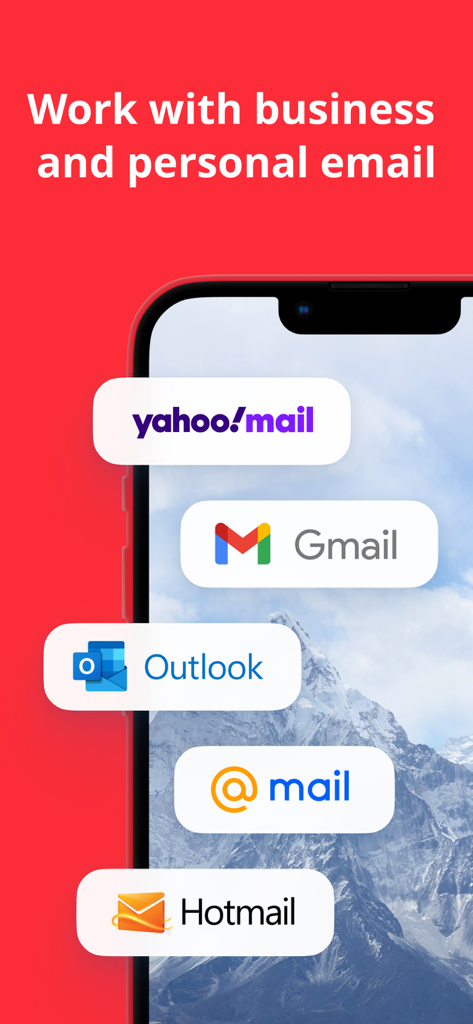 myMail box: email client app - Gmail、Outlook、Yahoo、Hotmailアカウントに対応したmyMailアプリのプロモーション画面（スマートフォン上）