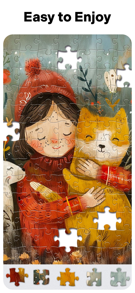 Jigsaw Puzzles for Adults HD - Una pantalla de juego de puzzle de rompecabezas que muestra una ilustración de una niña abrazando a un gato naranja grande.