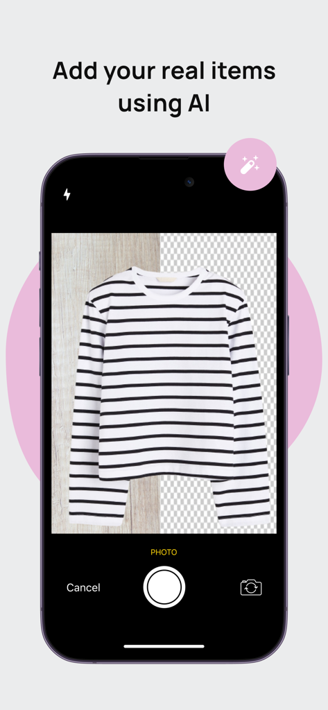 Smart wardrobe by Outfitsy - A mobile interface showing the AI background removal feature for adding a striped shirt to a digital closet.