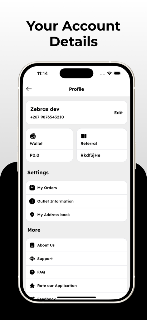 Zebras Groceries & Food - The user profile and account details screen of the Zebras delivery app showing settings and wallet balance.
