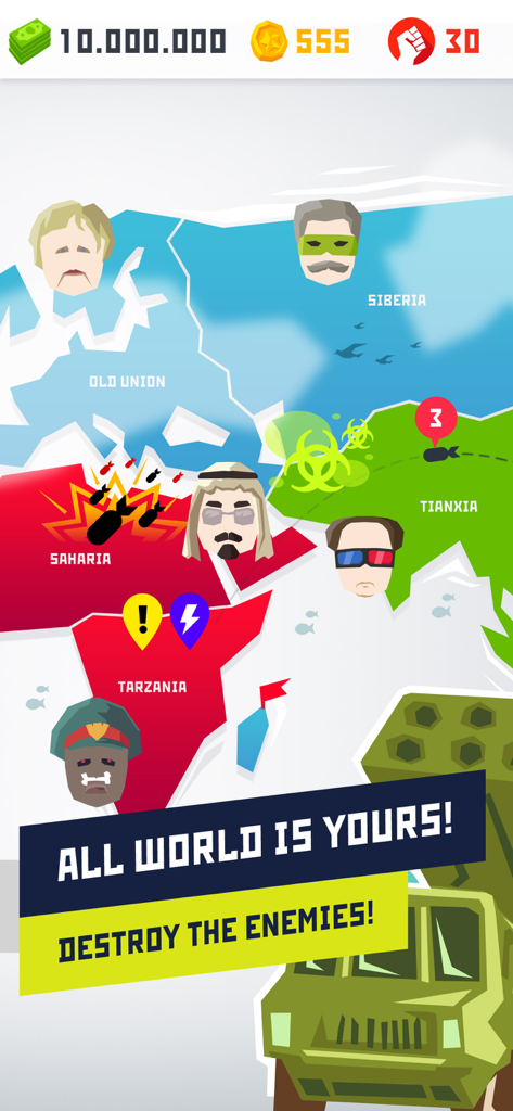 Écran de jeu Dictator 2 montrant une carte du monde stylisée avec des dirigeants rivaux et des territoires à conquérir