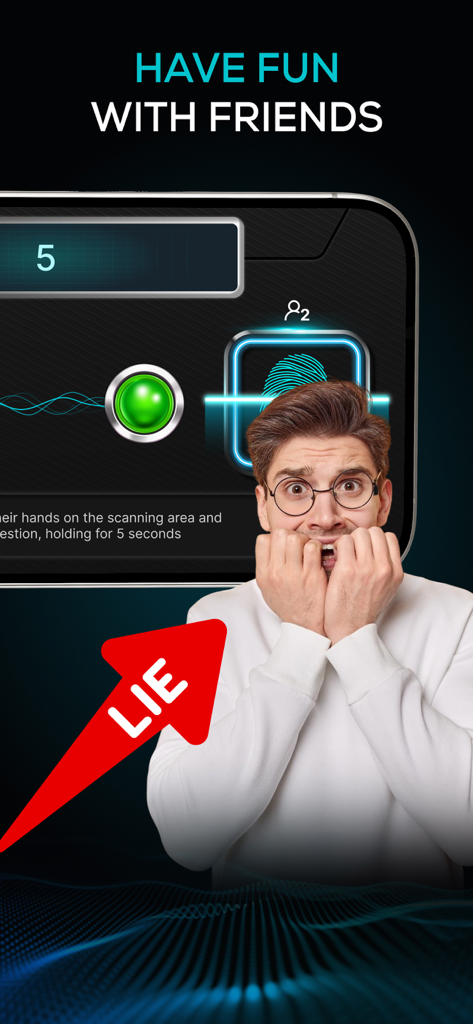 Hombre nervioso usando un escáner de huellas dactilares en la aplicación de broma del detector de mentiras con una flecha de resultado de mentira