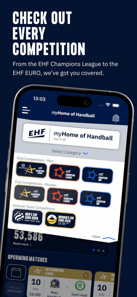 Home of Handball - Home of Handball mobile app interface displaying various EHF club and national league competitions