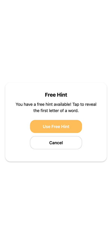 Words Soup - A clean and minimalist free hint popup in the Words Soup mobile app interface.
