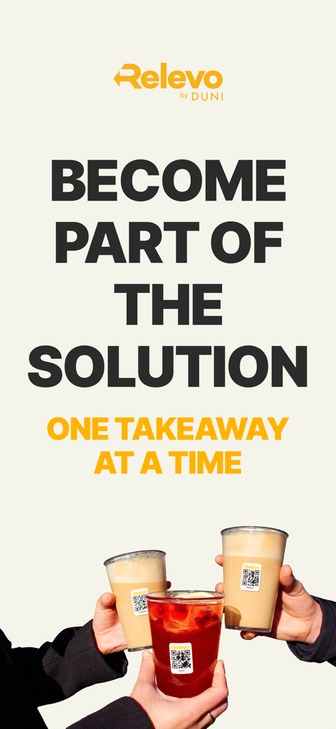 Relevo - Three people holding reusable takeaway cups with Relevo QR codes.