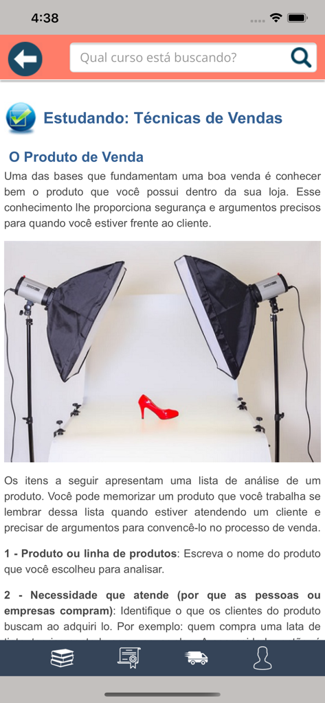 Uma aula sobre técnicas de vendas dentro do aplicativo de educação móvel Prime Cursos