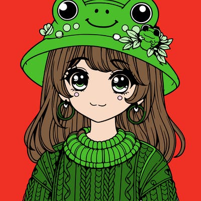 realistic girl wearing frog sweater and a frog hat with frog earrings