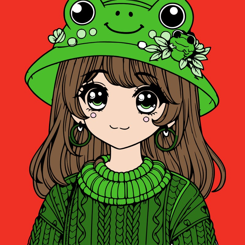 realistic girl wearing frog sweater and a frog hat with frog earrings