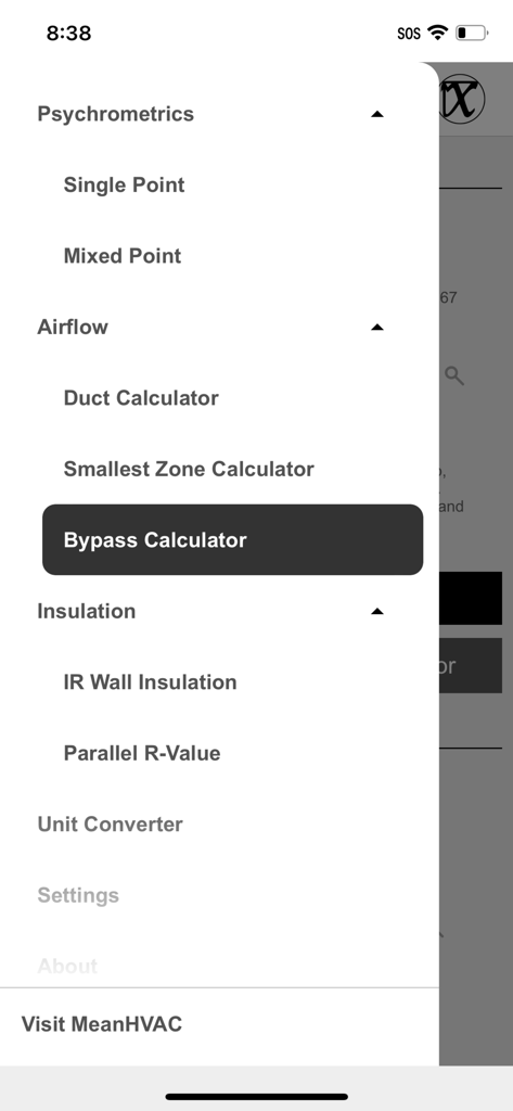 Side navigation menu of the Mean HVAC BS Tools mobile app showing various HVAC calculators including airflow and insulation tools