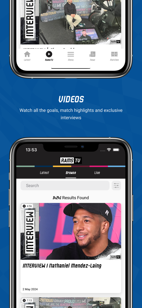 Derby County FC - Sección de vídeo RamsTV en la app móvil del Derby County FC mostrando entrevistas a jugadores y resúmenes de partidos
