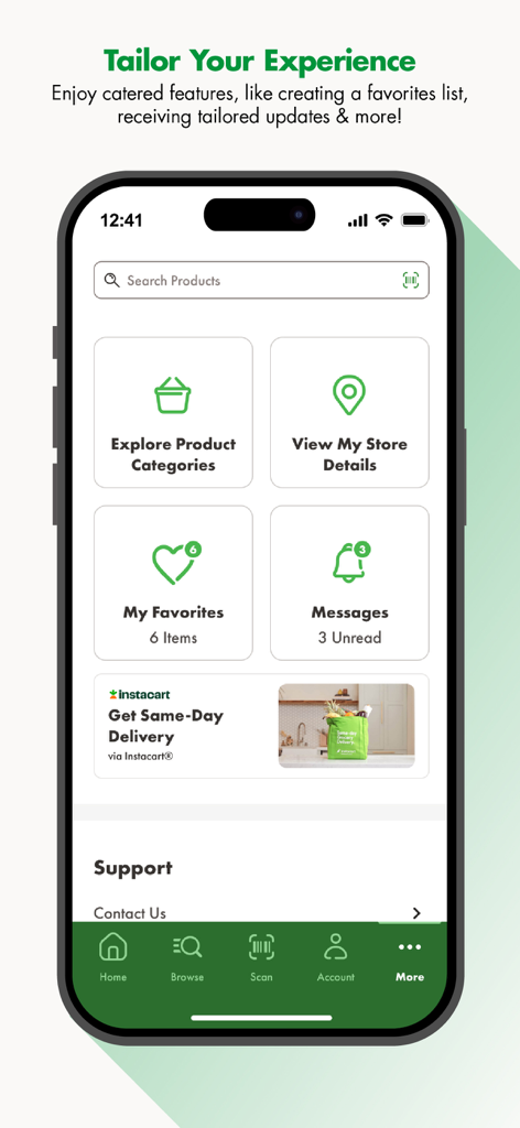 Dollar Tree app interface showing a dashboard with categories, favorites, store details, and same-day delivery options.