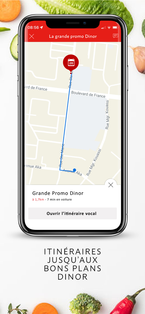 DINOR APP - A mobile screen from the Dinor App showing a map with a route to a promotional location
