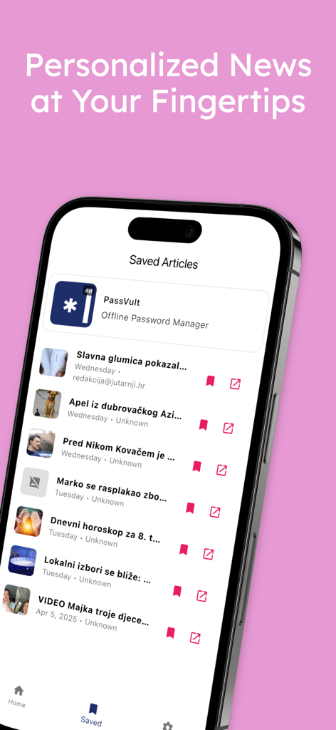 Une capture d'écran mobile montrant la section des articles sauvegardés de l'application agrégateur de nouvelles BURA sur un iPhone.