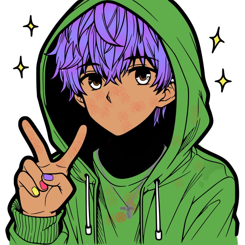 teenage manga boy in a hoodie, doing ✌
