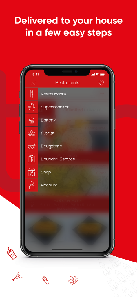 EatIn Monaco - iPhone affichant le menu de l'application EatIn Monaco avec diverses catégories de livraison telles que Restaurants, Supermarché et Service de blanchisserie.