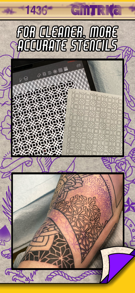 Diseño de tatuaje geométrico digital en una tableta comparado con un stencil impreso y una aplicación de tatuaje en un brazo