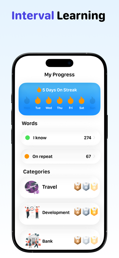 Learn English: Vocabulary - Un panel de control móvil para una aplicación de aprendizaje de inglés que muestra estadísticas de progreso del usuario, una racha de cinco días y categorías de vocabulario como viajes y desarrollo.