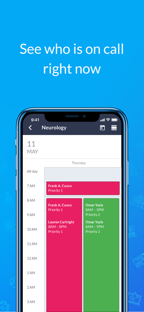 AW Touchpoint - Mobile interface of the AW Touchpoint app showing a neurology on-call schedule for clinicians with names and priorities.