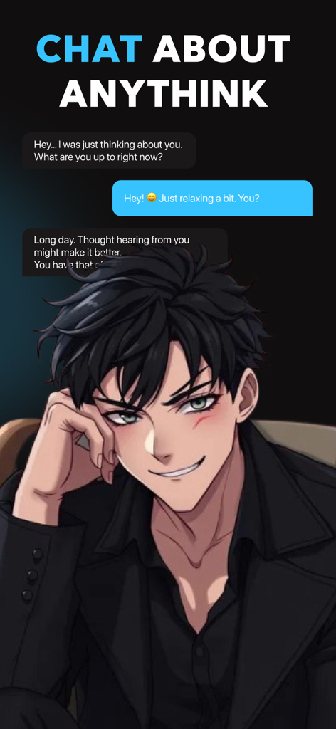 Character AI | AI Girlfriend - Interfaz que muestra una conversación de chat con un personaje masculino de estilo anime en la aplicación Character AI.