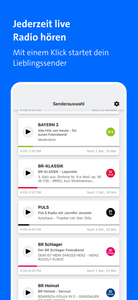 Capture d'écran de l'application BR Radio montrant différentes stations de radio allemandes disponibles en direct