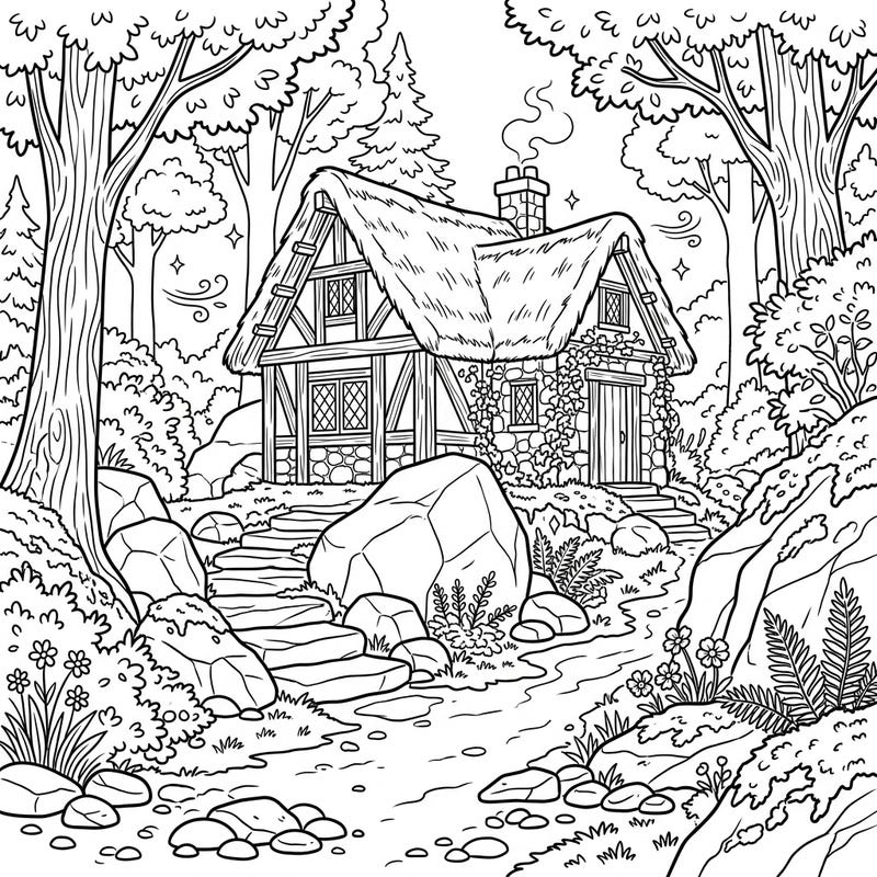 Immerse yourself in the serene beauty of a Cottagecore forest with this delightful coloring page. Discover a charming thatched cottage nestled amidst ancient trees and mossy rocks, inviting you to add your personal touch.