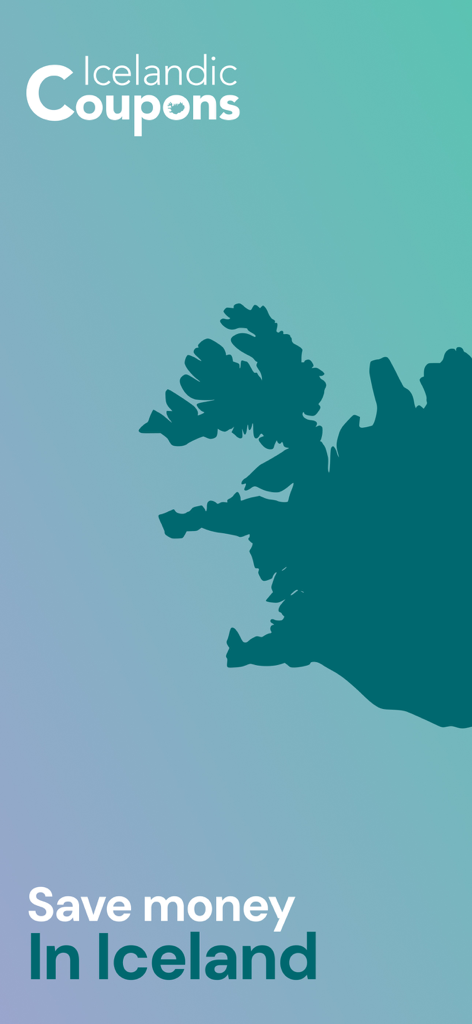 Écran d'accueil de l'application Icelandic Coupons montrant une carte de l'Islande et du texte sur les économies d'argent