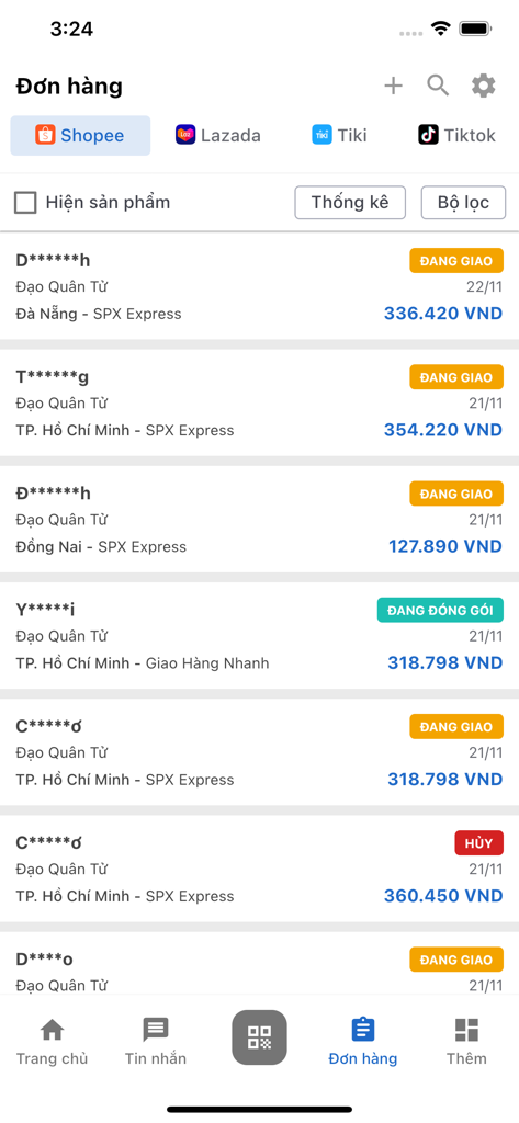 Salework - Salework mobile app screen showing a list of ecommerce orders from Shopee with shipping status and transaction totals