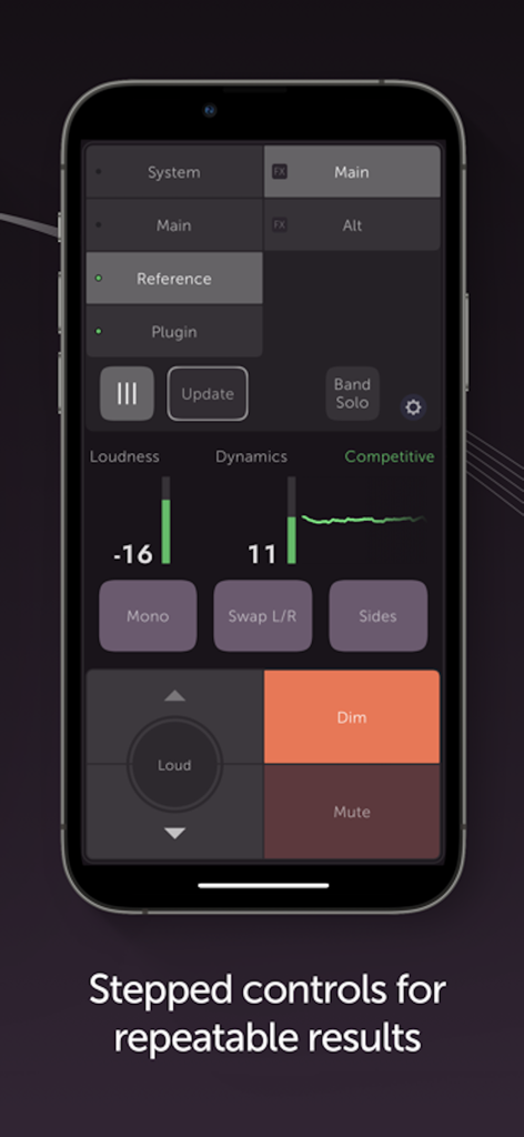 プロフェッショナルオーディオモニタリングコントロールとラウドネスメーターを表示するListenHubモバイルインターフェース。