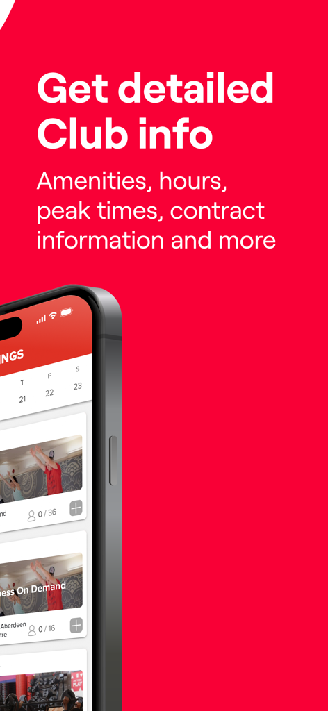 GoodLife Fitness App-Oberfläche mit Clubinformationen und Kursplänen