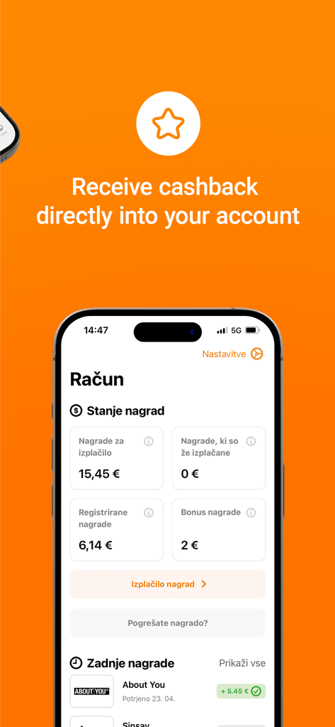 Écran de compte de l'application mobile Tipli montrant les soldes de récompenses et les gains de cashback récents.
