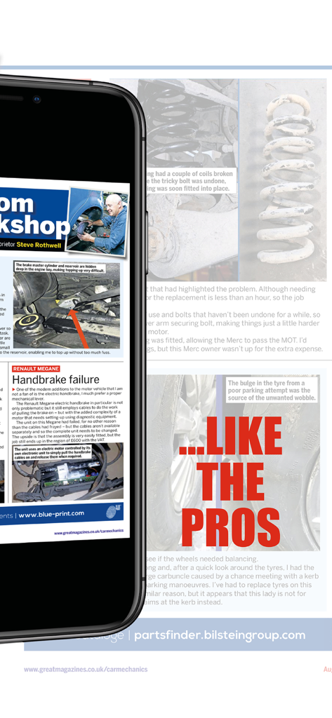Mobile app interface of Car Mechanics Magazine showing technical repair articles and workshop tips