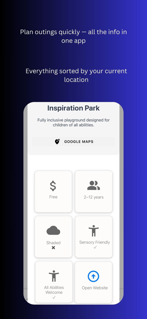 Brevard Kid mobile app screen showing details for a sensory friendly and inclusive playground.