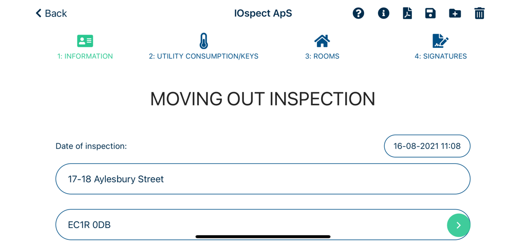 Moving out inspection screen in DomuSpect app showing property address and date