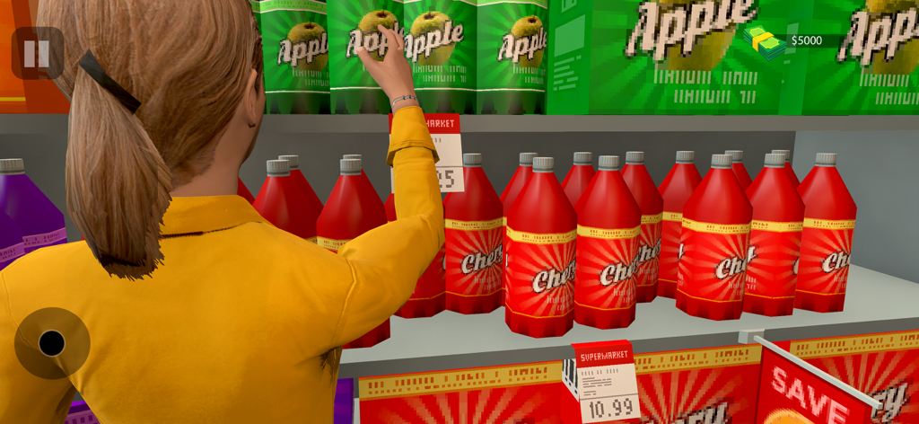 Supermarket Cashier Shop Sim - Un personaje con una camisa amarilla elige jugo de un estante de supermercado en un juego de simulación 3D