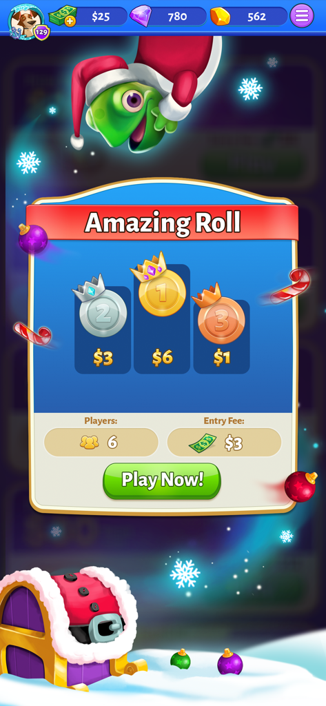 Interfaz del torneo Amazing Roll de Bubble Cash mostrando premios en efectivo para las tres primeras posiciones con temática invernal festiva.