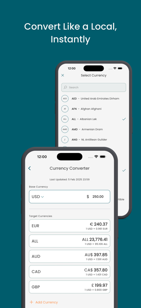 TourAI - AI Travel Planner - Mobile Oberfläche der TourAI-Währungsumrechner-Funktion, die Live-Wechselkurse für mehrere internationale Währungen zeigt