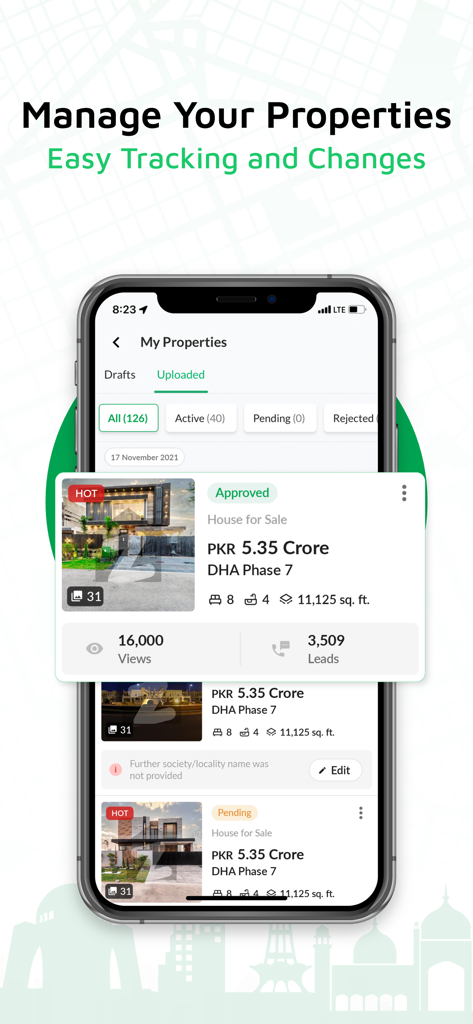 Zameen: No. 1 Property Portal - Interface for managing property listings on Zameen app with view and lead tracking.