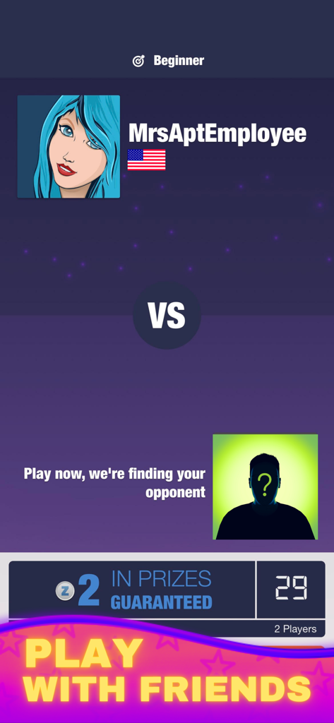 Real Money Slots Stake Casino - Schermata di matchmaking in Real Money Slots che mostra un giocatore in attesa di un avversario in una competizione a due giocatori per denaro