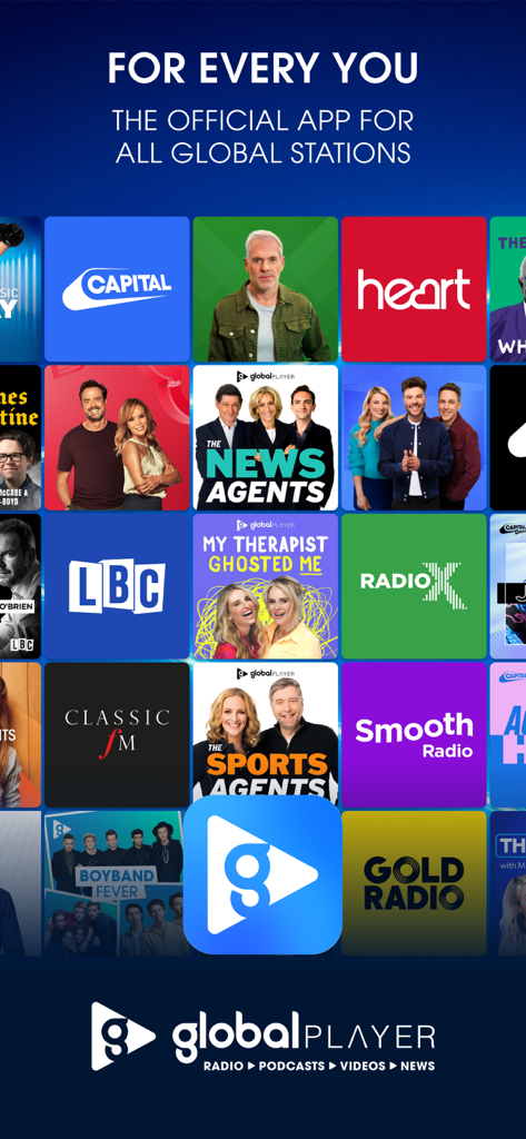 Global Player app home screen showing various radio station and podcast tiles